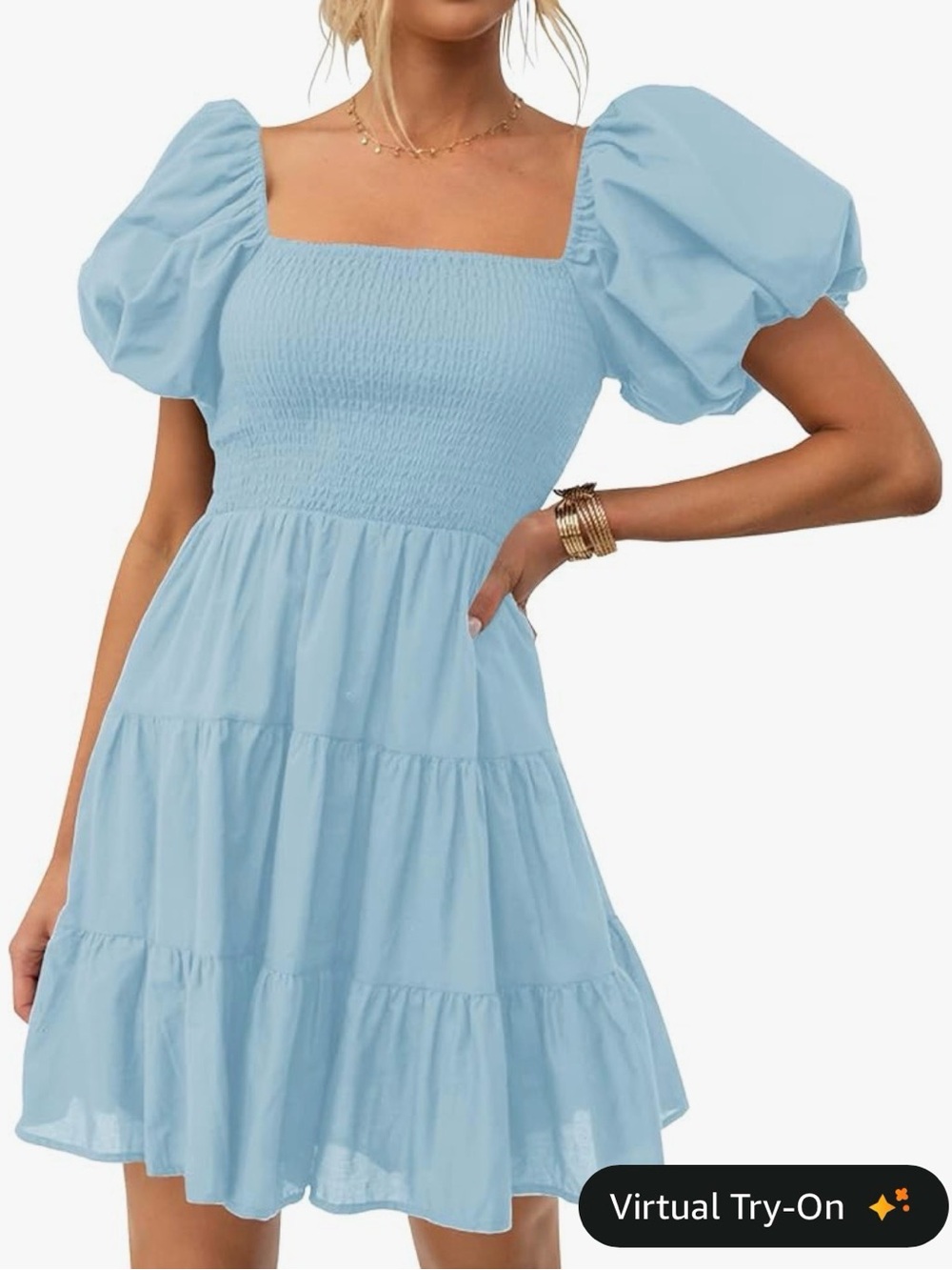 Amazon Women's Boho Summer Square Neck Puff Sleeve Mini Dress with pockets